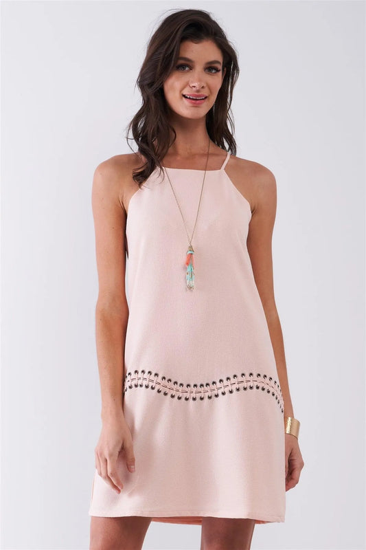 Blush Sleeveless Racer Back Keyhole Lace-Up Front Trim Mini Dress /1-2-2-1 - Tasha Apparel Wholesale