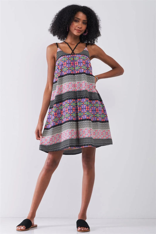 Purple Stained Glass Pattern Print Sleeveless Criss-Cross Strap Detail Relaxed Mini Dress /1-2-2-1 - Tasha Apparel Wholesale
