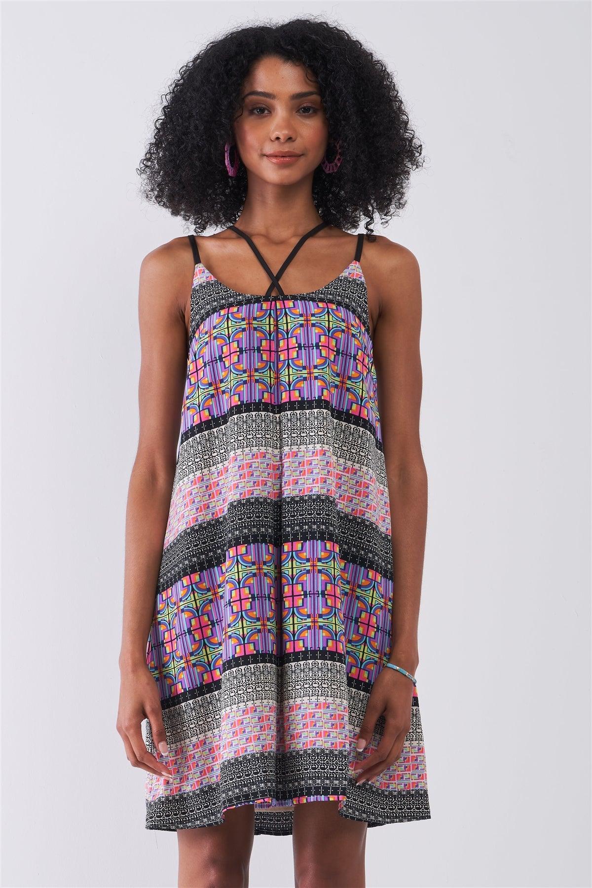 Purple Stained Glass Pattern Print Sleeveless Criss-Cross Strap Detail Relaxed Mini Dress /1-2-2-1