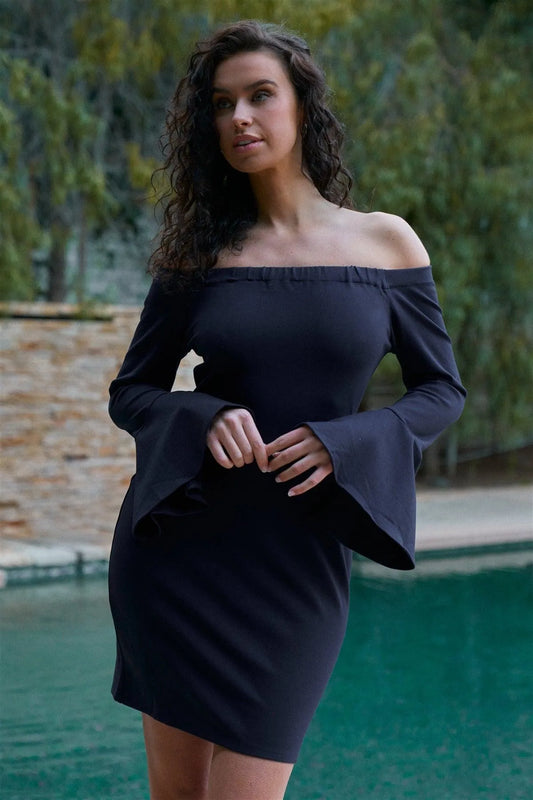 Night Out Deep Navy Off-The-Shoulder Bell Hem Long Sleeve Bodycon Mini Dress /2-2 - Tasha Apparel Wholesale