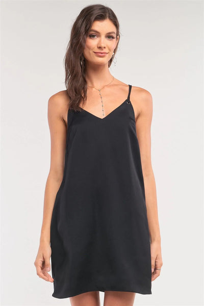 Black Satin V-Neck Loose Fit Sleeveless Razor Back Self-Tie Tassel Tip  Straps Detail Mini Dress /1-2-3