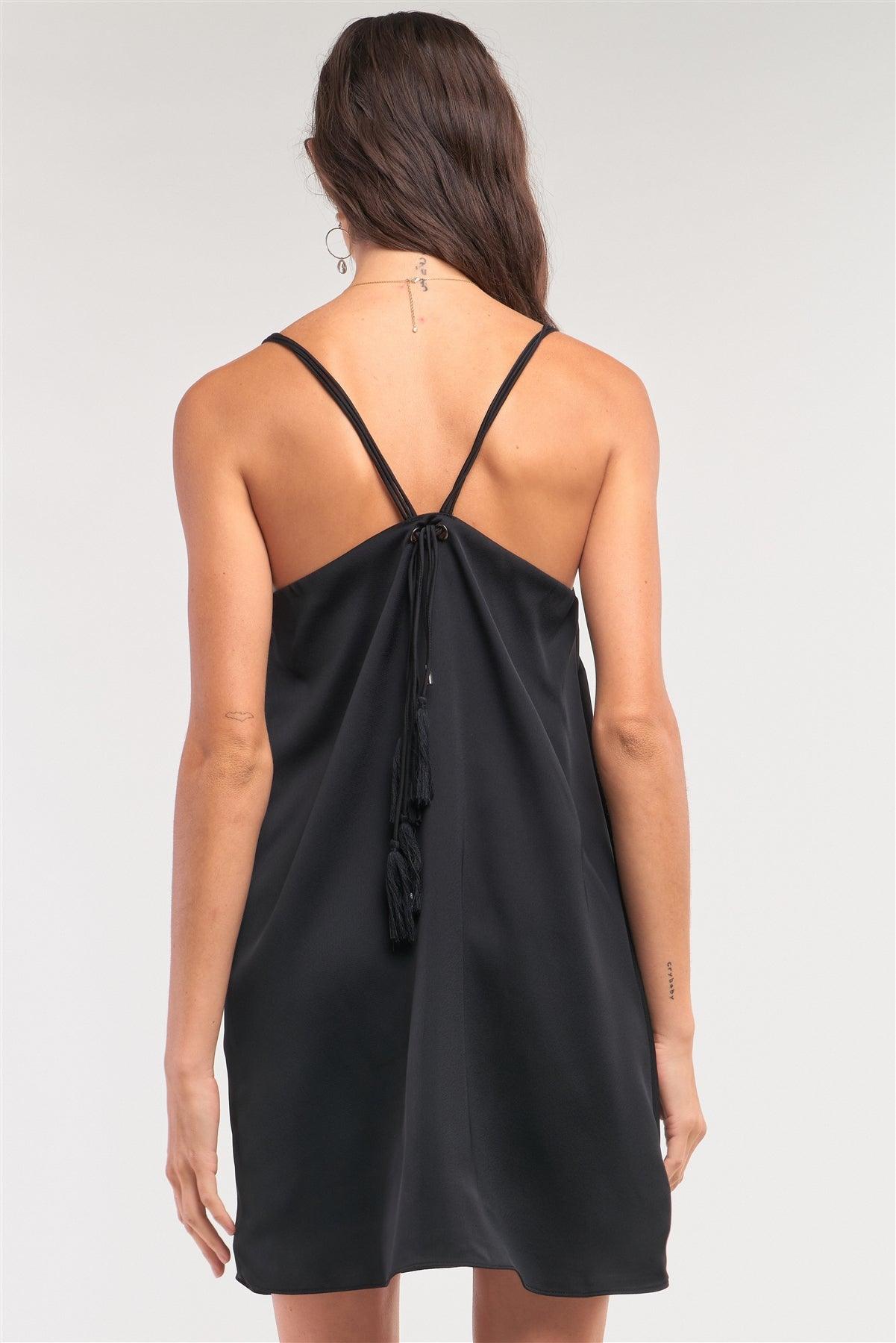 Black Satin V-Neck Loose Fit Sleeveless Razor Back Self-Tie Tassel Tip Straps Detail Mini Dress /1-2-2-1