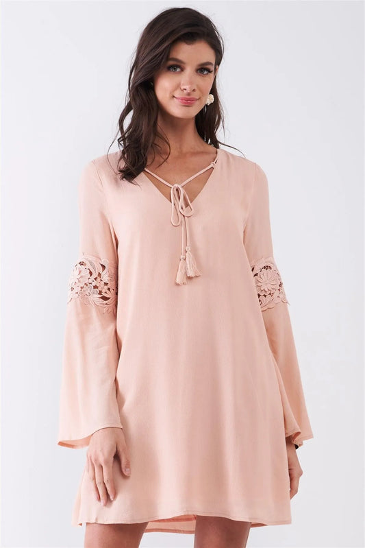 Light Pink Embroidered Trumpet Sleeve Tassel Tip Self-Tie V-Neck Relaxed Mini Dress /1-2-2-1 - Tasha Apparel Wholesale