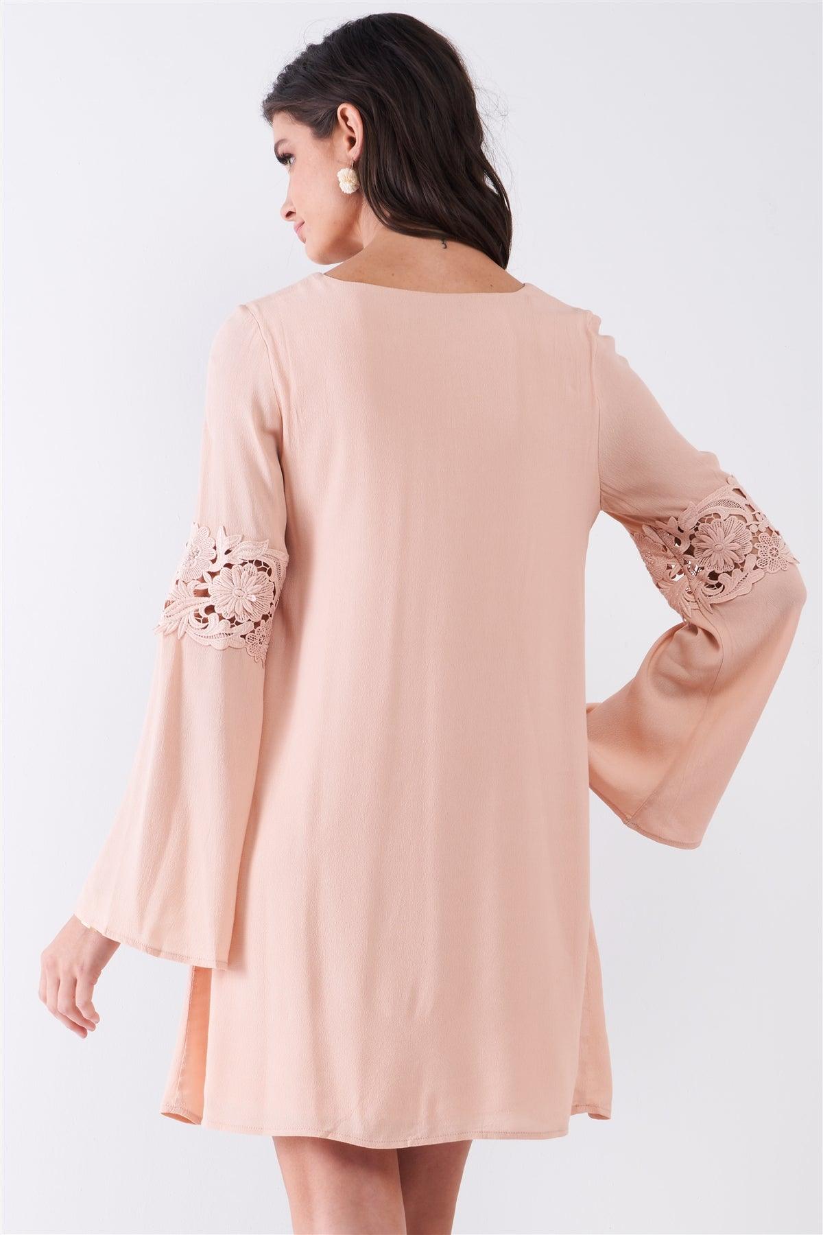 Light Pink Embroidered Trumpet Sleeve Tassel Tip Self-Tie V-Neck Relaxed Mini Dress /2-3-1