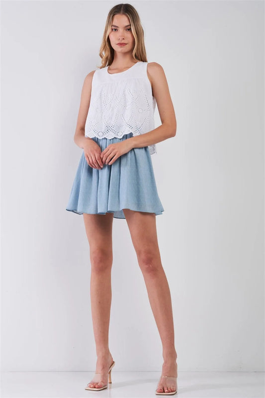 White & Dusty Blue Sleeveless Eyelet Crochet Combined Layered Round Neck Flare Mini Dress /1-2-1 - Tasha Apparel Wholesale