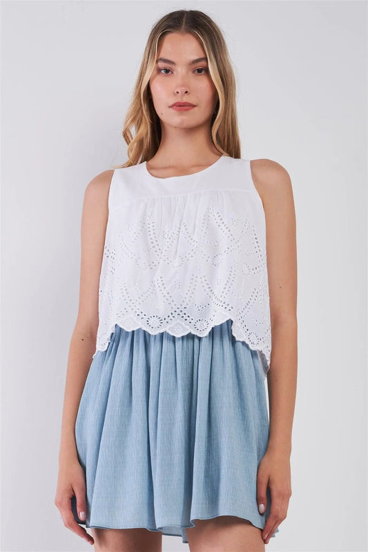 White & Dusty Blue Sleeveless Eyelet Crochet Combined Layered Round Neck Flare Mini Dress /1-2-2-1 - Tasha Apparel Wholesale