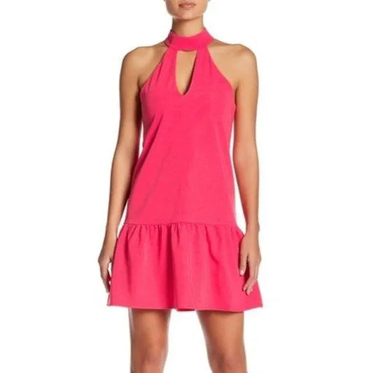 Hot Pink Sleeveless Halter Neck Keyhole Flounce Hem Mini Dress - Tasha Apparel Wholesale