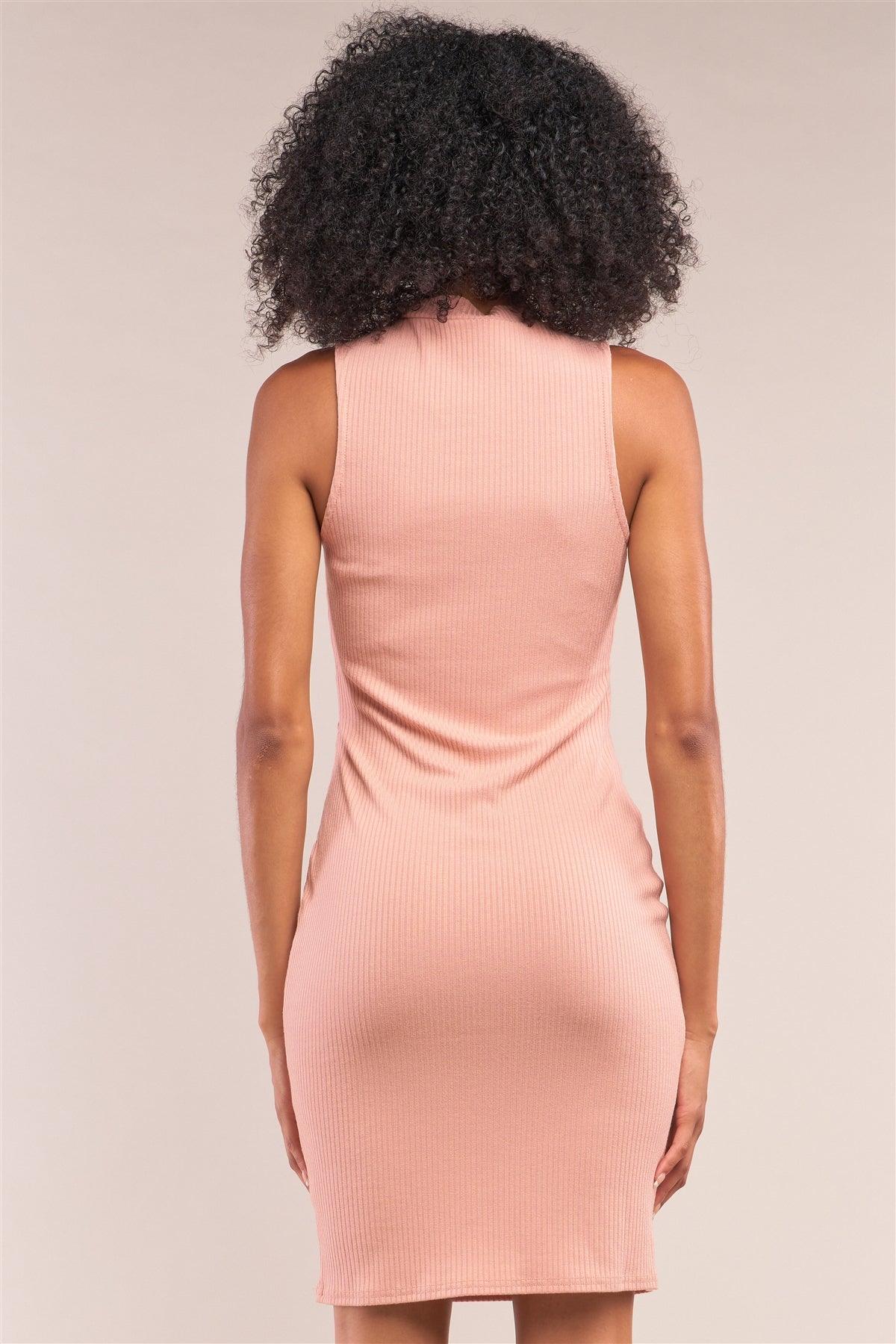Salmon Pink Ribbed Sleeveless Turtleneck Criss-Cross Front Detail Bodycon Mini Dress /1-1-2