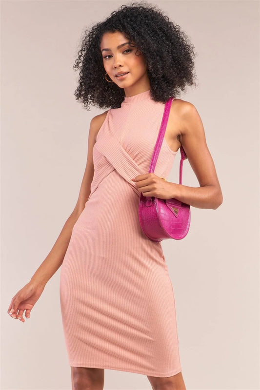Salmon Pink Ribbed Sleeveless Turtleneck Criss-Cross Front Detail Bodycon Mini Dress /2-2-2 - Tasha Apparel Wholesale
