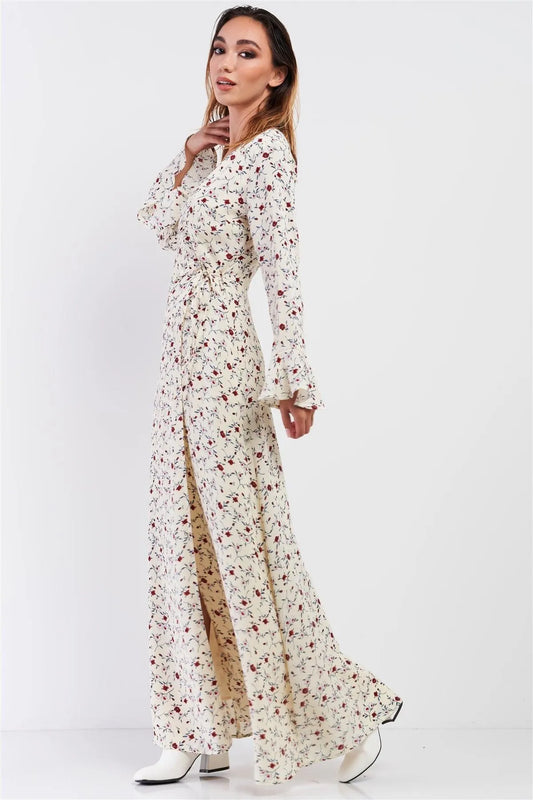 Cream Multi Floral Print Wrap Self-Tie Waist Long Sleeve Flare Hem Maxi Dress /1-2-2-1 - Tasha Apparel Wholesale