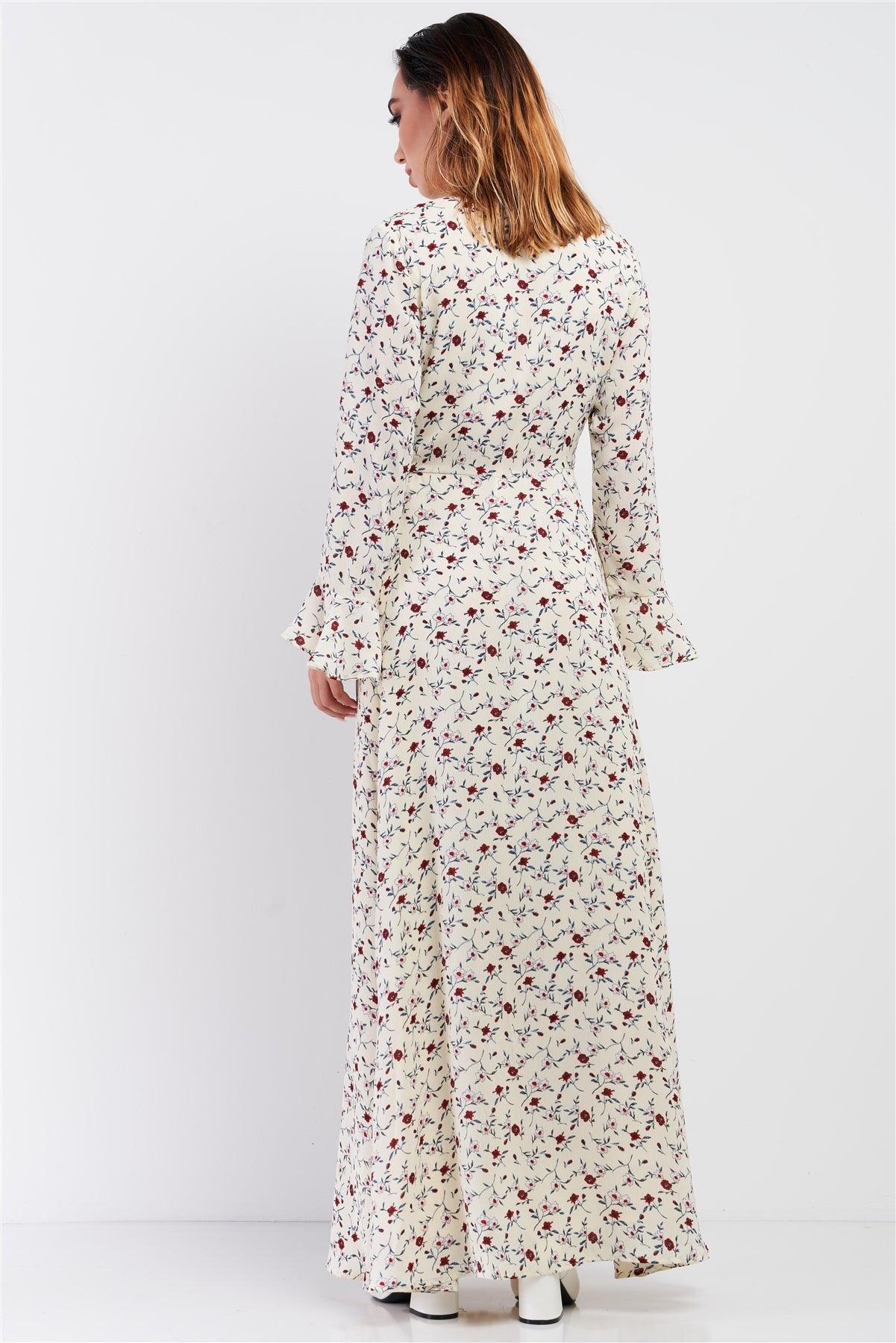 Cream Multi Floral Print Wrap Self-Tie Waist Long Sleeve Flare Hem Maxi Dress /1-2-2-1