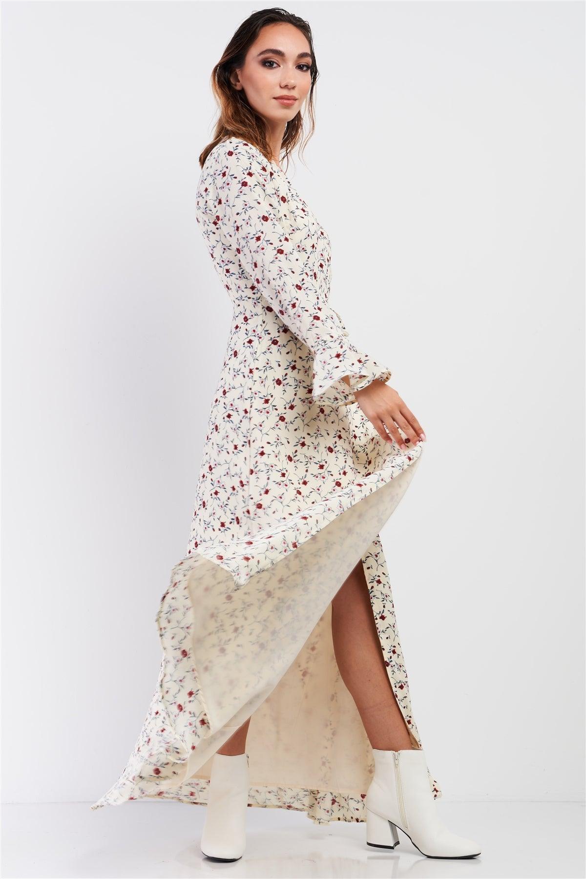 Cream Multi Floral Print Wrap Self-Tie Waist Long Sleeve Flare Hem Maxi Dress /1-2-2-1