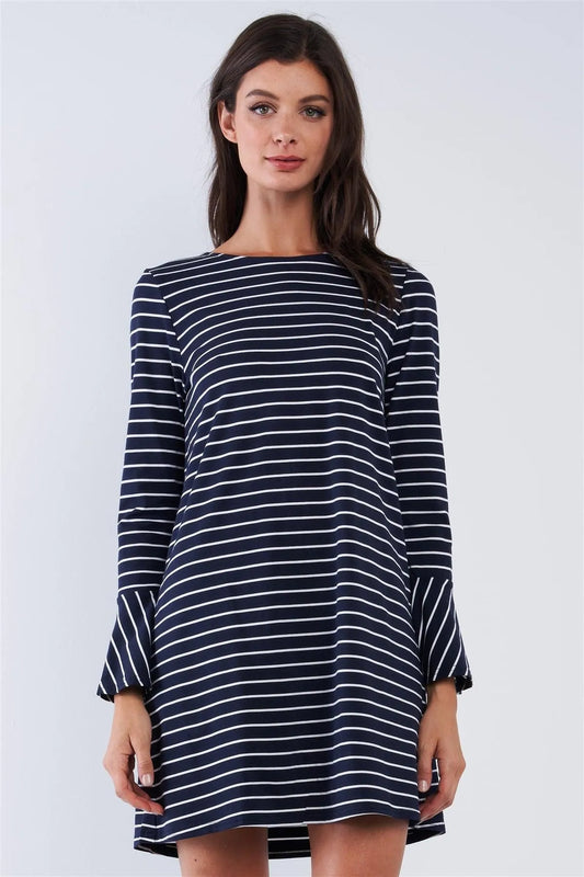 Navy Blue And White Horizontal Stripe Print Crew Neck Back Zipper Closure Loose Fit Long Sleeve Mini Dress /1-3-1 - Tasha Apparel Wholesale