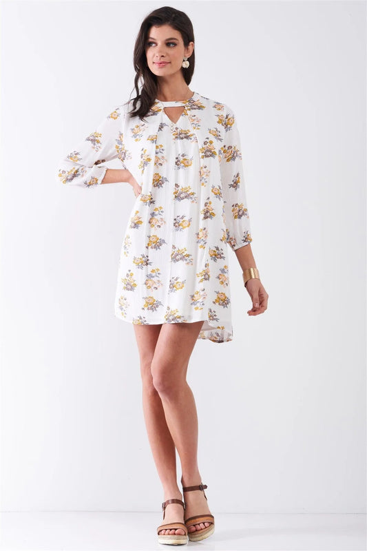 White Multicolor Floral Print Long Sleeve Pleated Front V-Neck Loose Mini Dress /1-2-1 - Tasha Apparel Wholesale