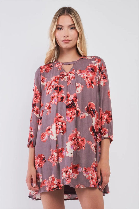Mauve Multicolor Floral Print Midi Sleeve Pleated Front Cut-Out V-Neck Loose Mini Dress /2-4-1-1 - Tasha Apparel Wholesale