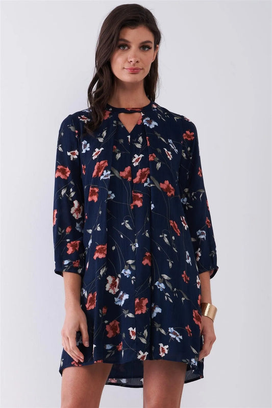 Navy Multicolor Floral Print Long Sleeve Pleated Front V-Neck Loose Mini Dress /2-2-1 - Tasha Apparel Wholesale