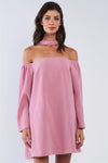 Mauve Pink Back T-Shaped Halter Tie Zipper Closure Loose Fit Off-The-Shoulder Long Sleeve Mini Dress /1-1-3-2
