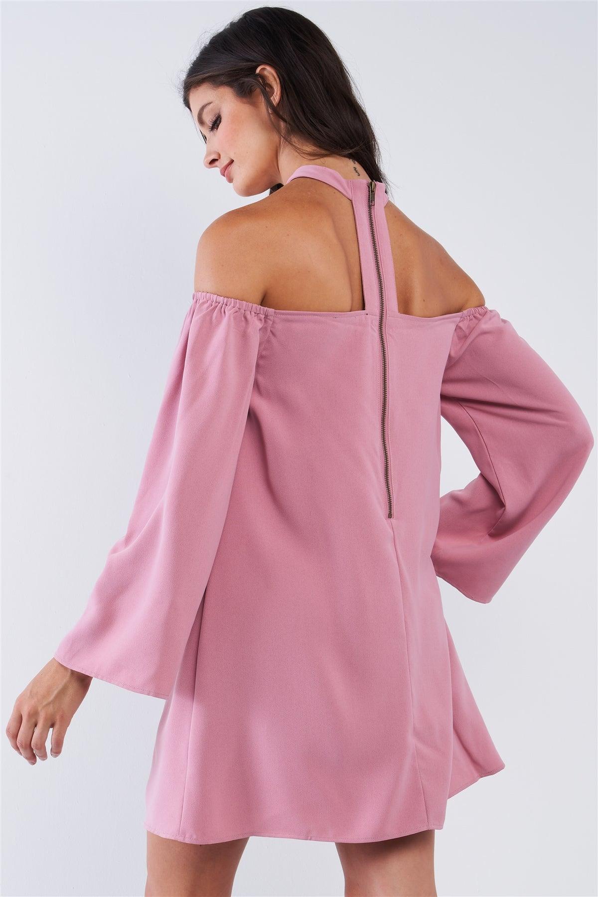 Mauve Pink Back T-Shaped Halter Tie Zipper Closure Loose Fit Off-The-Shoulder Long Sleeve Mini Dress /1-1-3-2