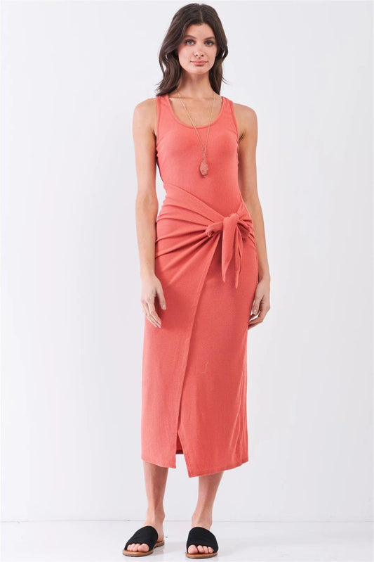 Brick Coral Ribbed Sleeveless Scoop Neck Asymmetrical Wrap Front Detail Midi Dress /3-1-2 - Tasha Apparel Wholesale