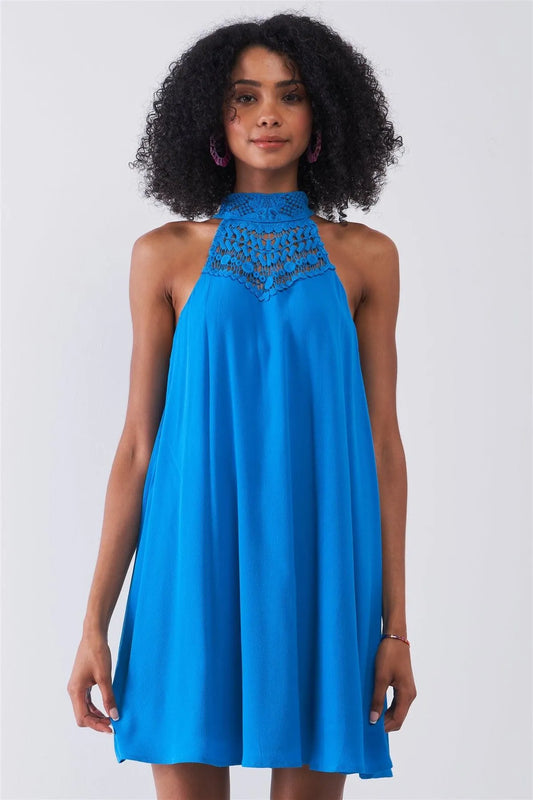 Cobalt Sleeveless Turtle Neck Crochet Detail Back Cut-Out Detail Tent Mini Dress /1-3-2 - Tasha Apparel Wholesale
