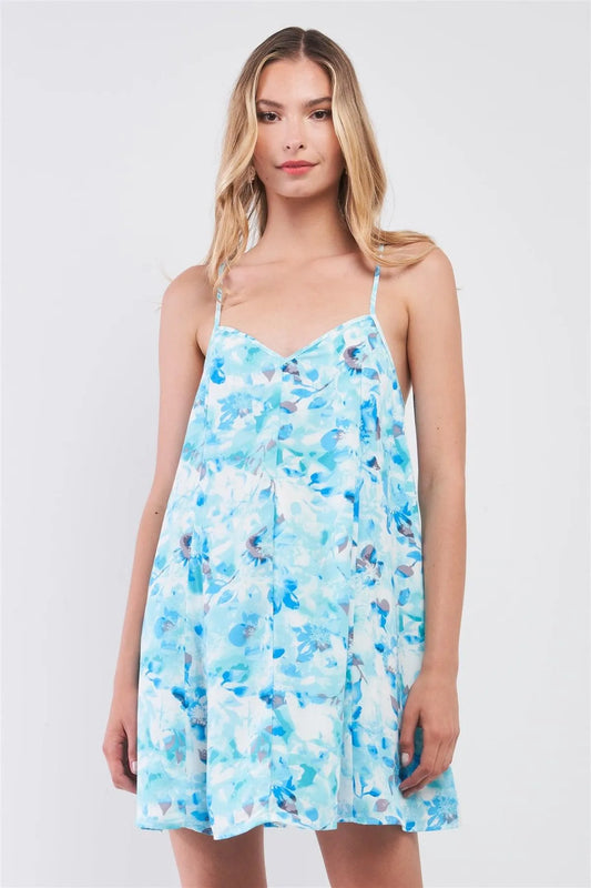 Watercolor Blue Floral Print Sleeveless V-Neck Racer Back Detail Flare Mini Dress /1-2-2-1 - Tasha Apparel Wholesale