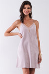 Pastel Mauve Suede Sleeveless Lace Trim V-Neck Mini Dress /1-2-2-1