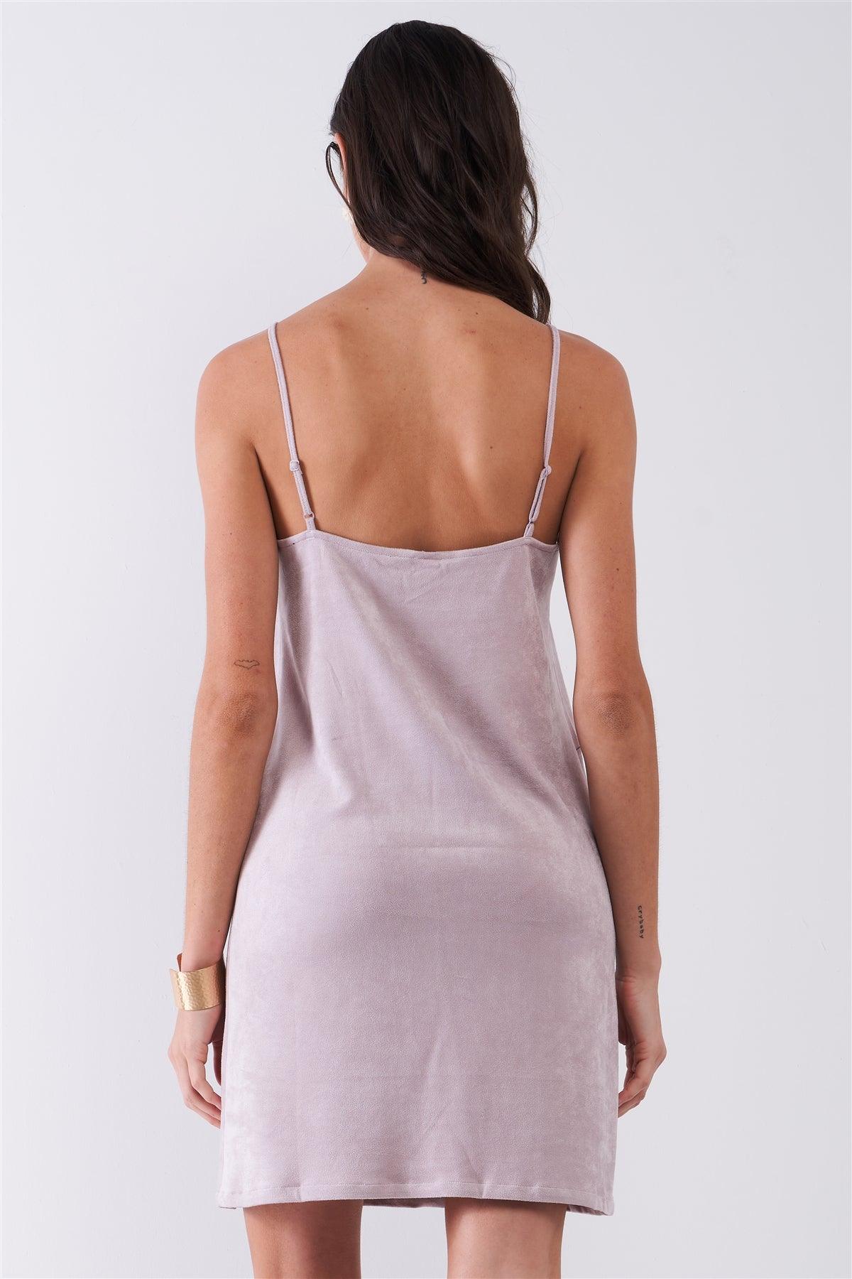 Pastel Mauve Suede Sleeveless Lace Trim V-Neck Mini Dress /1-2-2-1