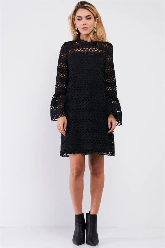 Black Crochet Embroidery Relaxed Fit Mock Neck Flare Sleeve Detail Mini Dress /1-2-3-1 - Tasha Apparel Wholesale