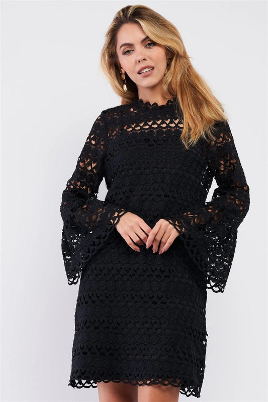 Black Crochet Embroidery Relaxed Fit Mock Neck Flare Sleeve Detail Mini Dress /1-4-3 - Tasha Apparel Wholesale