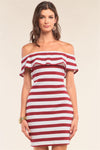 Burgundy White Striped Sleeveless Off-The-Shoulder Flare Hem Ribbed Bodycon Mini Dress /1-2-2-1