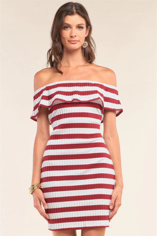 Burgundy White Striped Sleeveless Off-The-Shoulder Flare Hem Ribbed Bodycon Mini Dress /1-2-2-1 - Tasha Apparel Wholesale