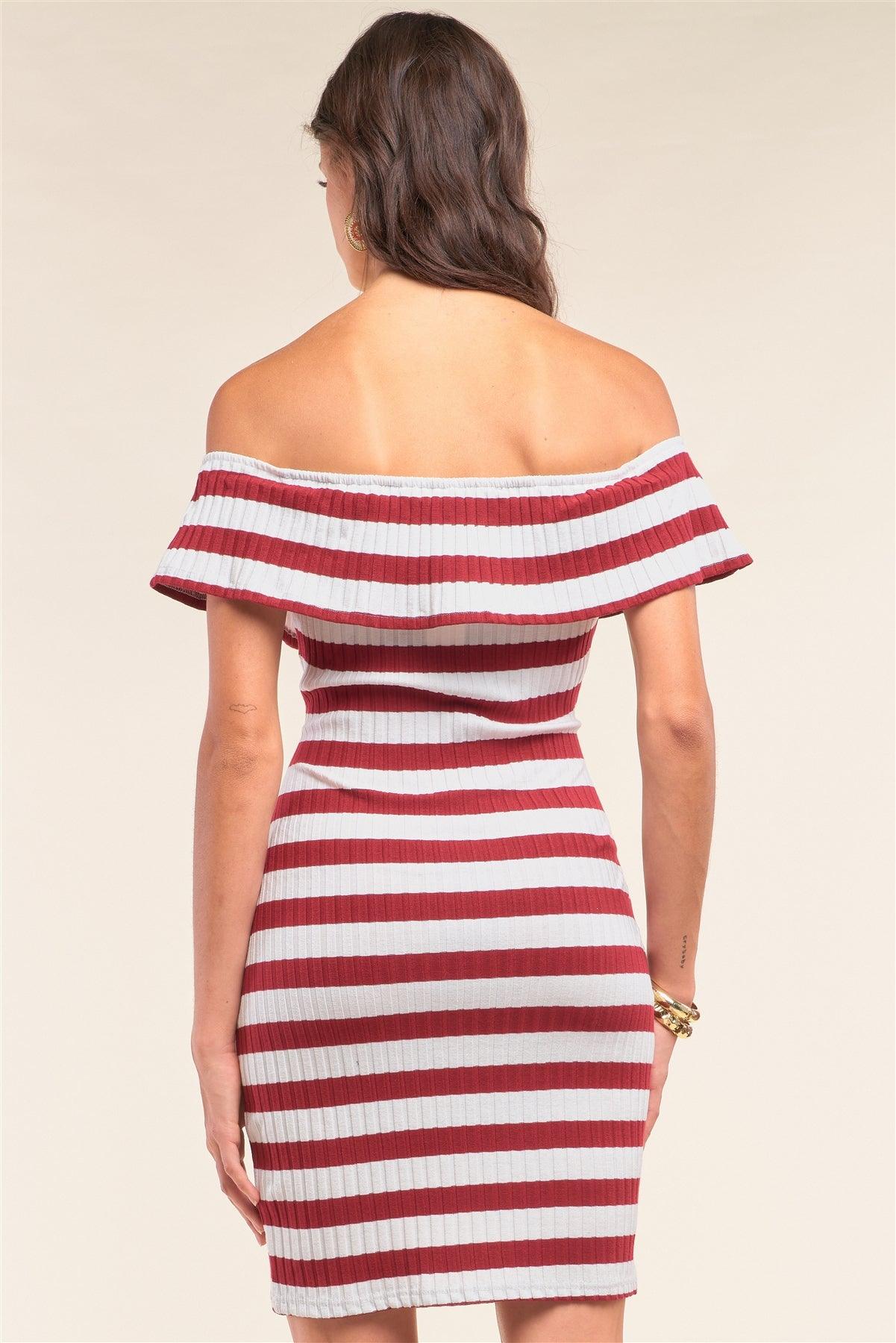 Burgundy White Striped Sleeveless Off-The-Shoulder Flare Hem Ribbed Bodycon Mini Dress /1-2-2-1