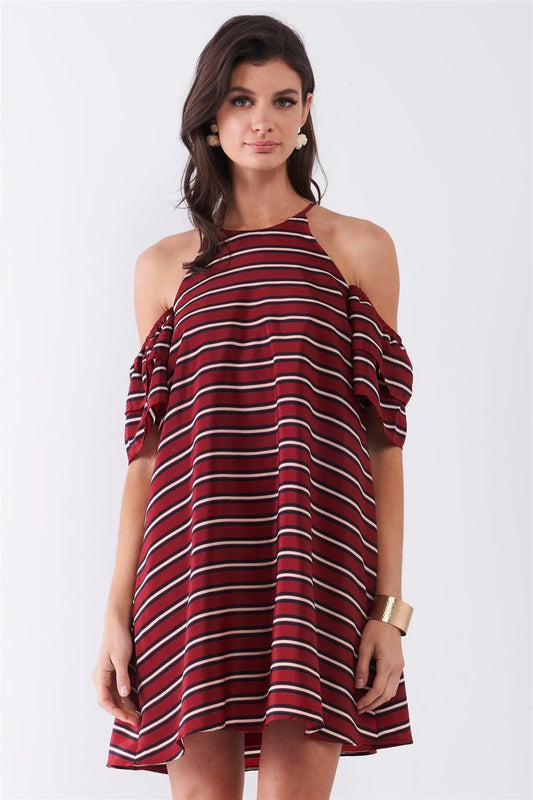 Burgundy Striped Print Cold Shoulder Puff Sleeve Racer Back Detail Relaxed Mini Dress /1-2-2-1 - Tasha Apparel Wholesale