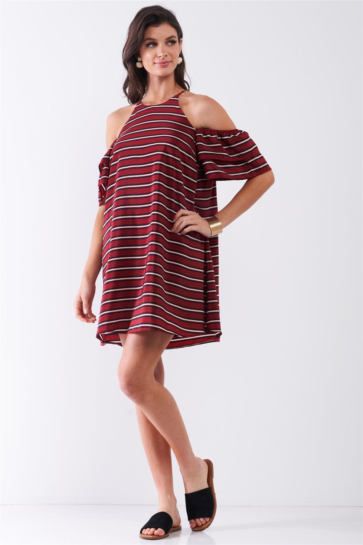 Burgundy Striped Print Cold Shoulder Puff Sleeve Racer Back Detail Relaxed Mini Dress /1-2-2-1