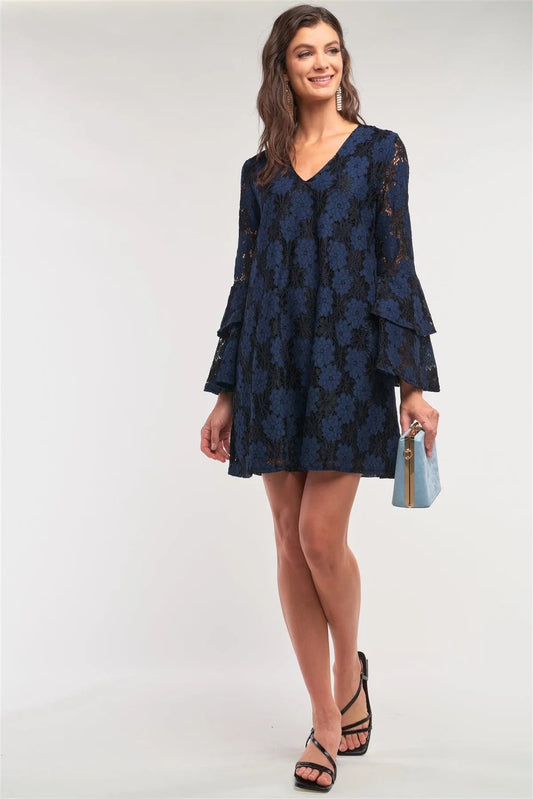 Black&Blue Long Sleeve V-Neck Lace Mesh Embroidery Layered Mini Dress /2-1-2 - Tasha Apparel Wholesale