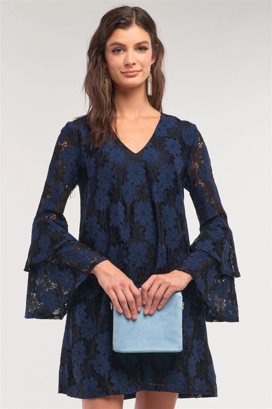 Black&Blue Long Sleeve V-Neck Lace Mesh Embroidery Layered Mini Dress /1-2-2-1 - Tasha Apparel Wholesale