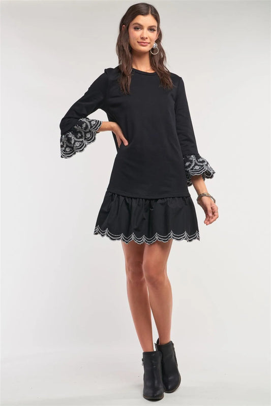 Black Crochet Embroidery Drop Waist Scallop Hem Flare Skirt Detail Long Sleeve Mini Sweater Dress /1-2-2 - Tasha Apparel Wholesale