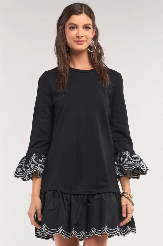 Black Crochet Embroidery Drop Waist Scallop Hem Flare Skirt Detail Long Sleeve Mini Sweater Dress /1-2-2-1 - Tasha Apparel Wholesale