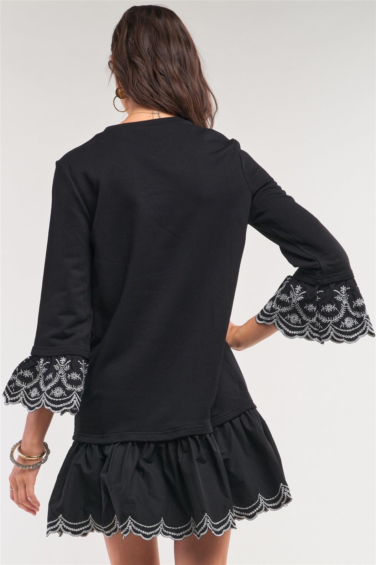 Black Crochet Embroidery Drop Waist Scallop Hem Flare Skirt Detail Long Sleeve Mini Sweater Dress /1-2-2-1