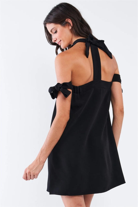 Solid Black Bow Tie T-Silhouette Back Halter Tie Ribbon Tie Sleeve Relaxed Fit Tunic Tube Mini Dress With Elastic Chest Hem /3-3 - Tasha Apparel Wholesale
