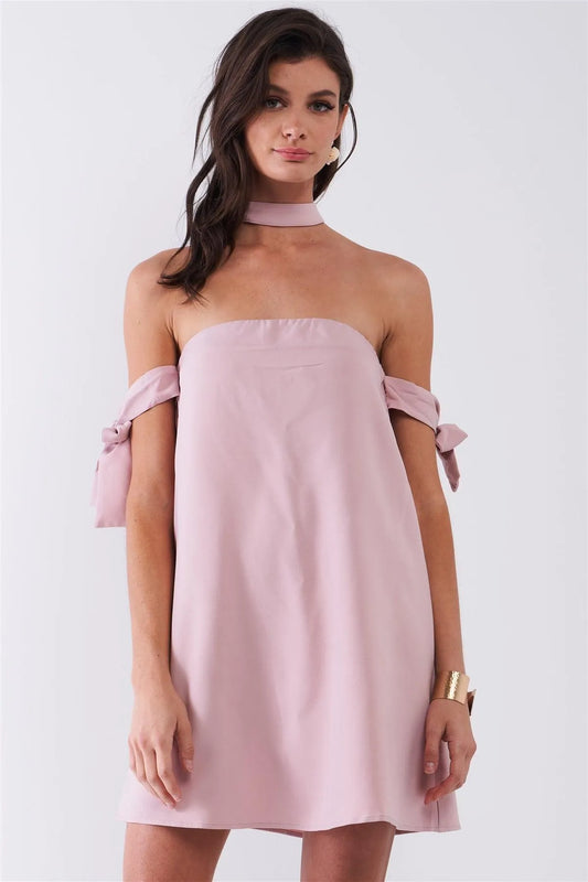 Mauve Bow Tie T-Silhouette Back Halter Tie Ribbon Tie Sleeve Relaxed Fit Tunic Tube Mini Dress With Elastic Chest Hem /1-2-2-1 - Tasha Apparel Wholesale