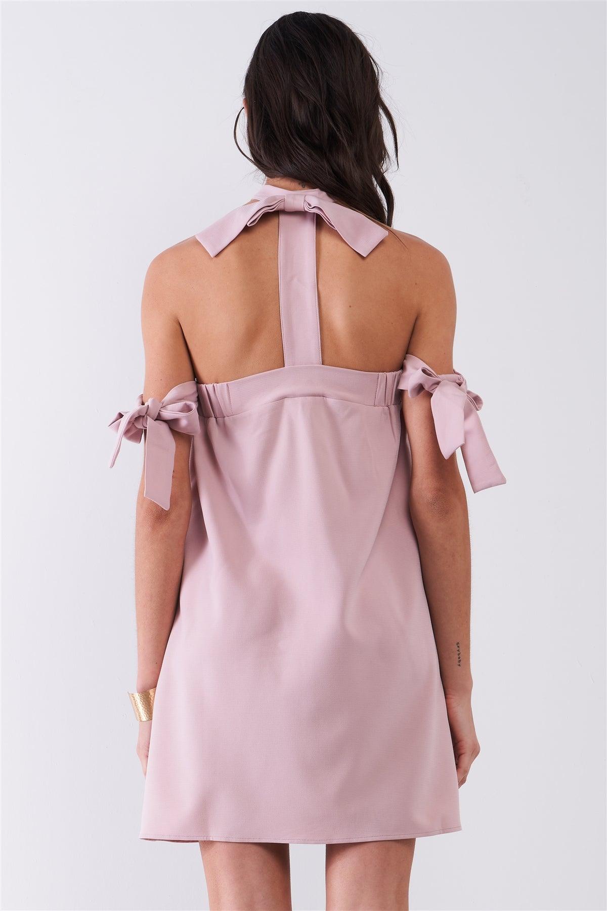 Mauve Bow Tie T-Silhouette Back Halter Tie Ribbon Tie Sleeve Relaxed Fit Tunic Tube Mini Dress With Elastic Chest Hem /1-2-2-1