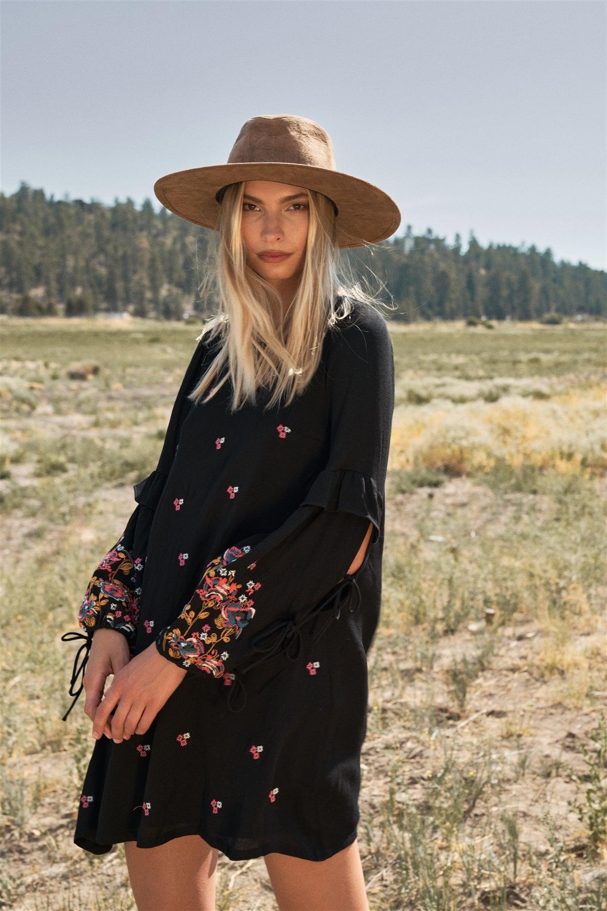 Boho Black Floral Embroidery Relaxed Fit Round Neck Long Frill Slit Self-Tie Balloon Sleeve Detail Mini Dress /2-1-3