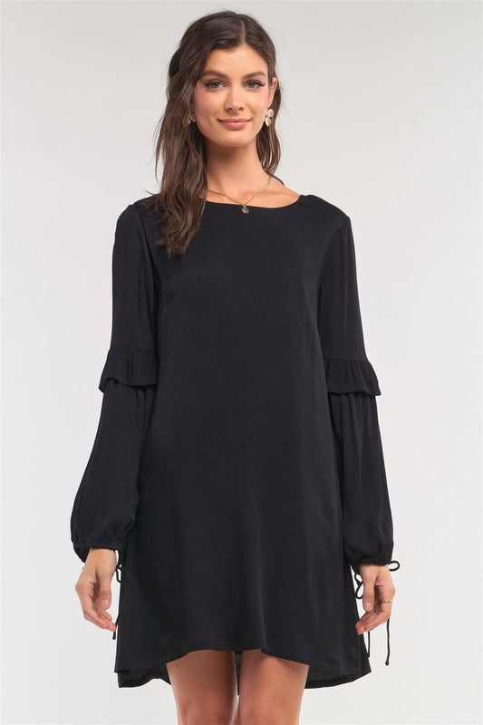 Black Relaxed Fit Crew Neck Long Frill Slit Self-Tie Sleeve Detail Mini Dress /1-2-2-1 - Tasha Apparel Wholesale