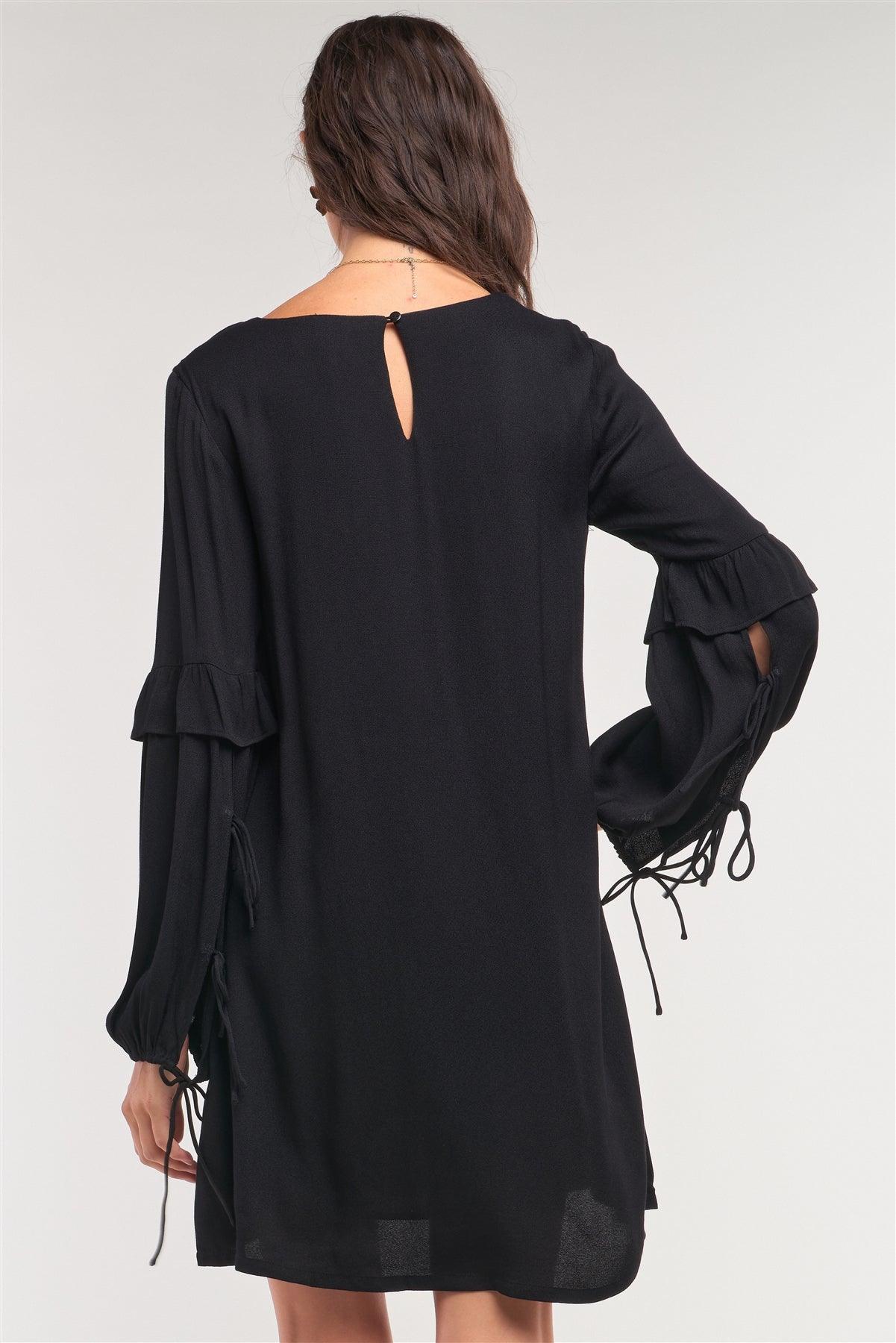 Black Relaxed Fit Crew Neck Long Frill Slit Self-Tie Sleeve Detail Mini Dress /1-2-2-1