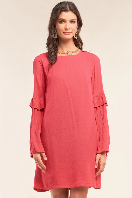 Red Relaxed Fit Crew Neck Long Frill Slit Self-Tie Sleeve Detail Mini Dress /1-2-2-1 - Tasha Apparel Wholesale