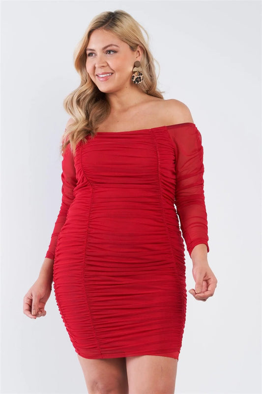 Junior Plus Red Scrunched Off The Shoulder Dress - Tasha Apparel Wholesale