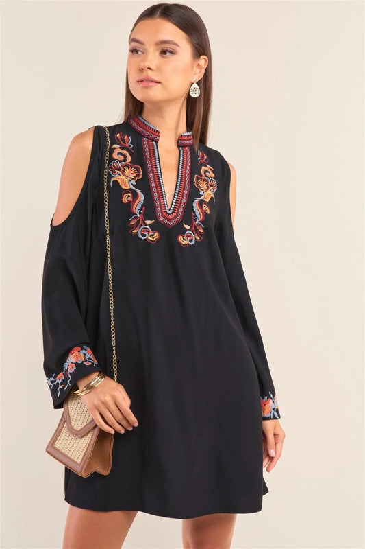Black Slavic Floral Mix Embroidery Collared V-Neck Cut-Out Shoulder Detail Long Trumpet Sleeve Mini Dress /2-3-1 - Tasha Apparel Wholesale
