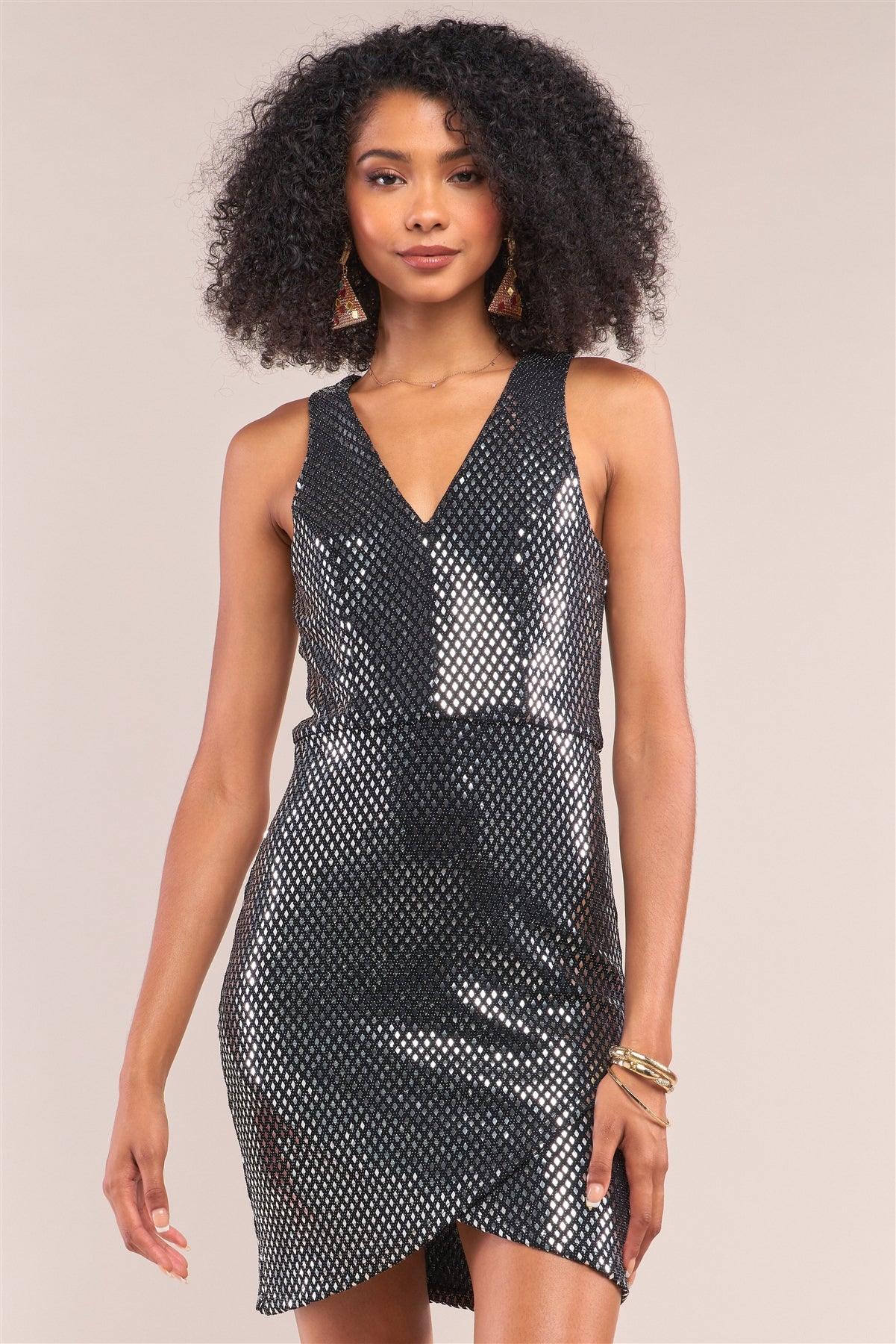 Shattered Glass Black&Silver Retro Sleeveless Metallic Sequin Embroidered Mesh V-Neck Fitted Mini Dress /1-2-2-1