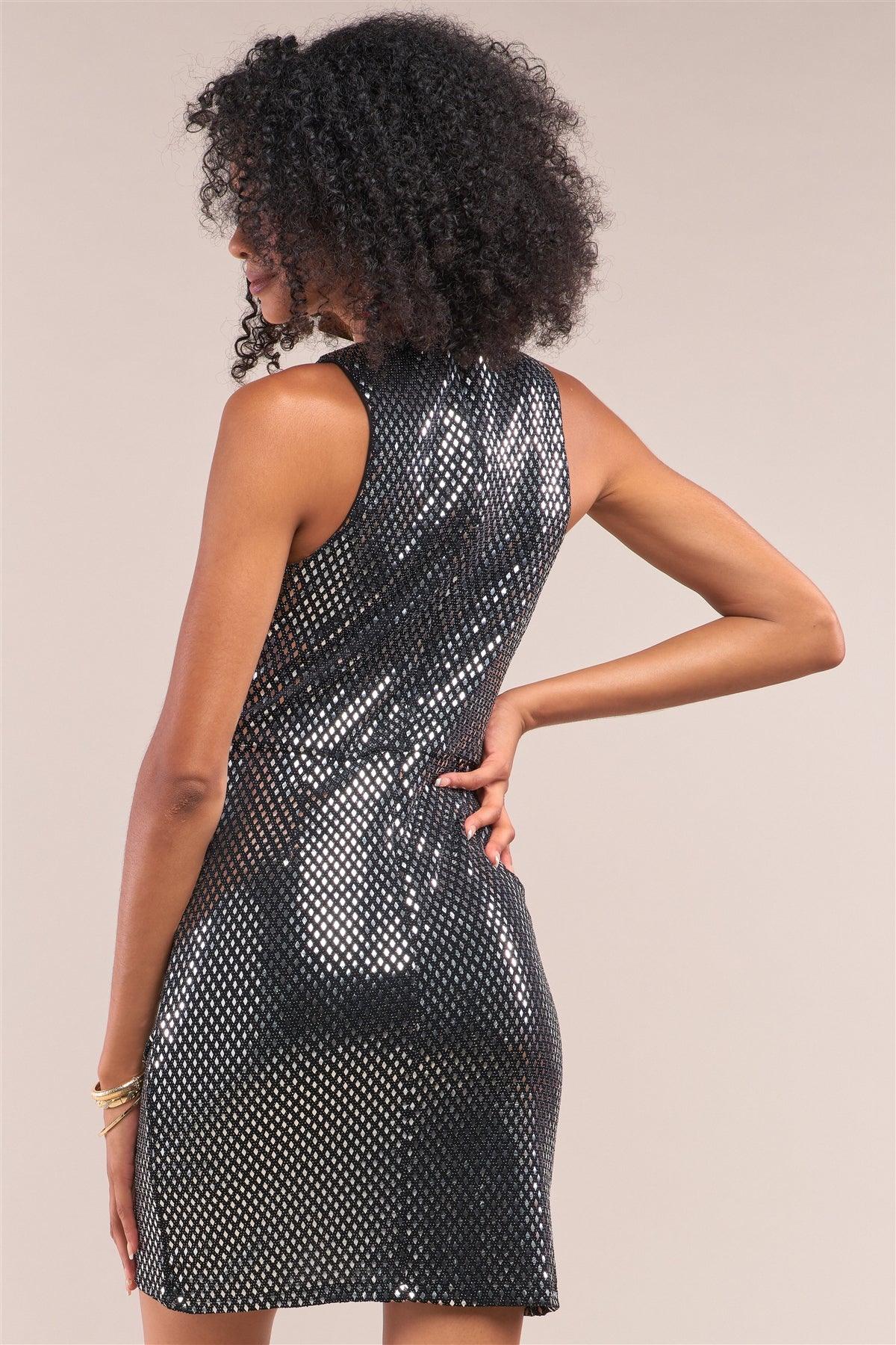 Shattered Glass Black&Silver Retro Sleeveless Metallic Sequin Embroidered Mesh V-Neck Fitted Mini Dress /1-2-2-1